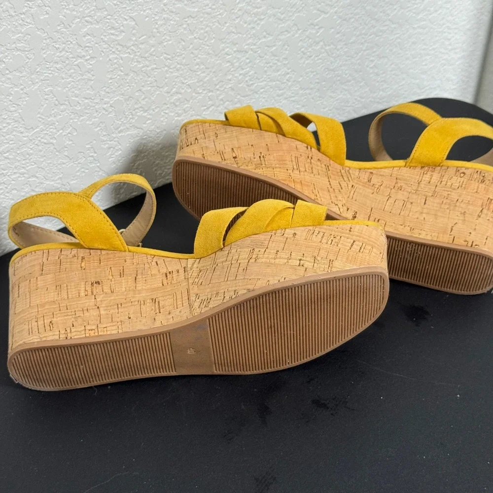 H&M Platform Wedge Sandals Womens 8.5 Yellow Faux Suede Cork Boho